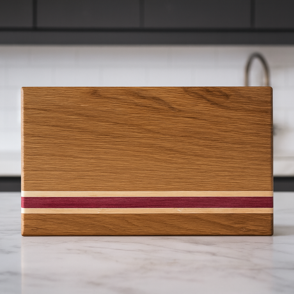 White oak, maple and purple heart edge grain board