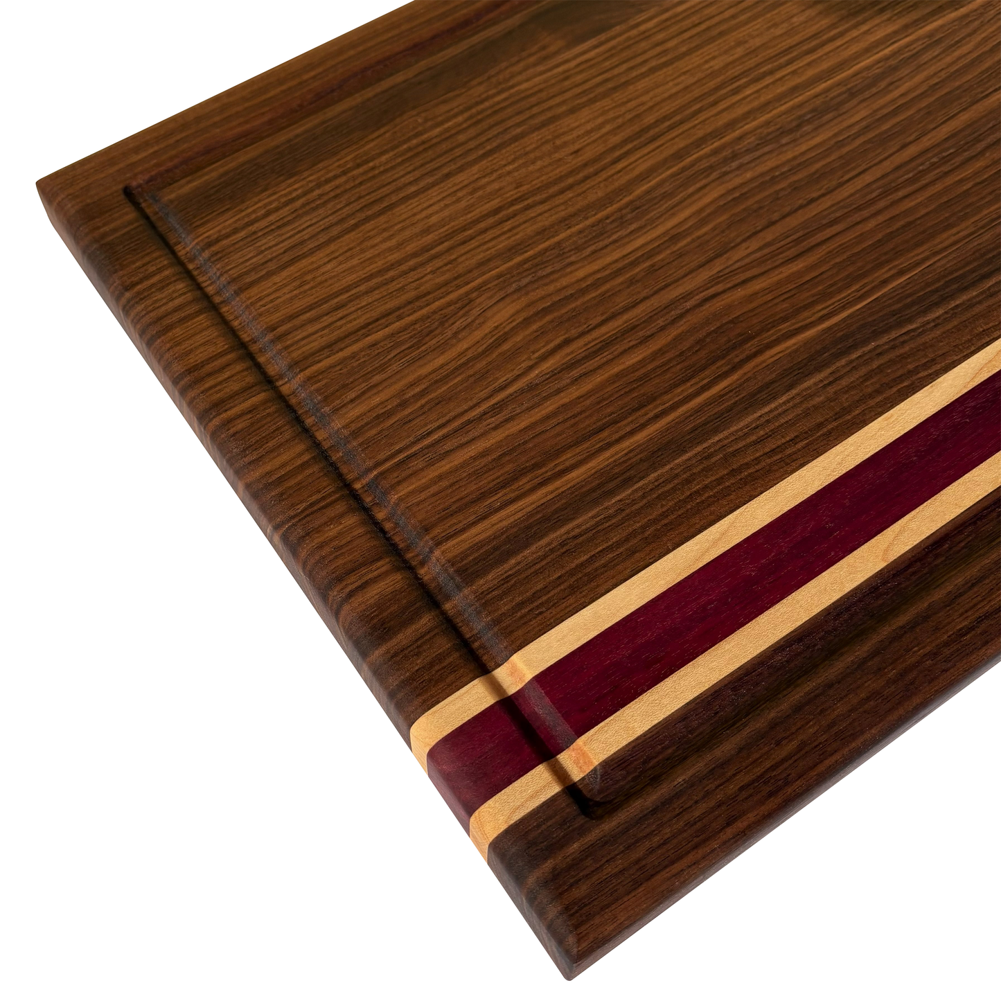 Walnut, Maple and Purpleheart Edge Grain Cutting Board – Handmade Hardwood Chopping Board