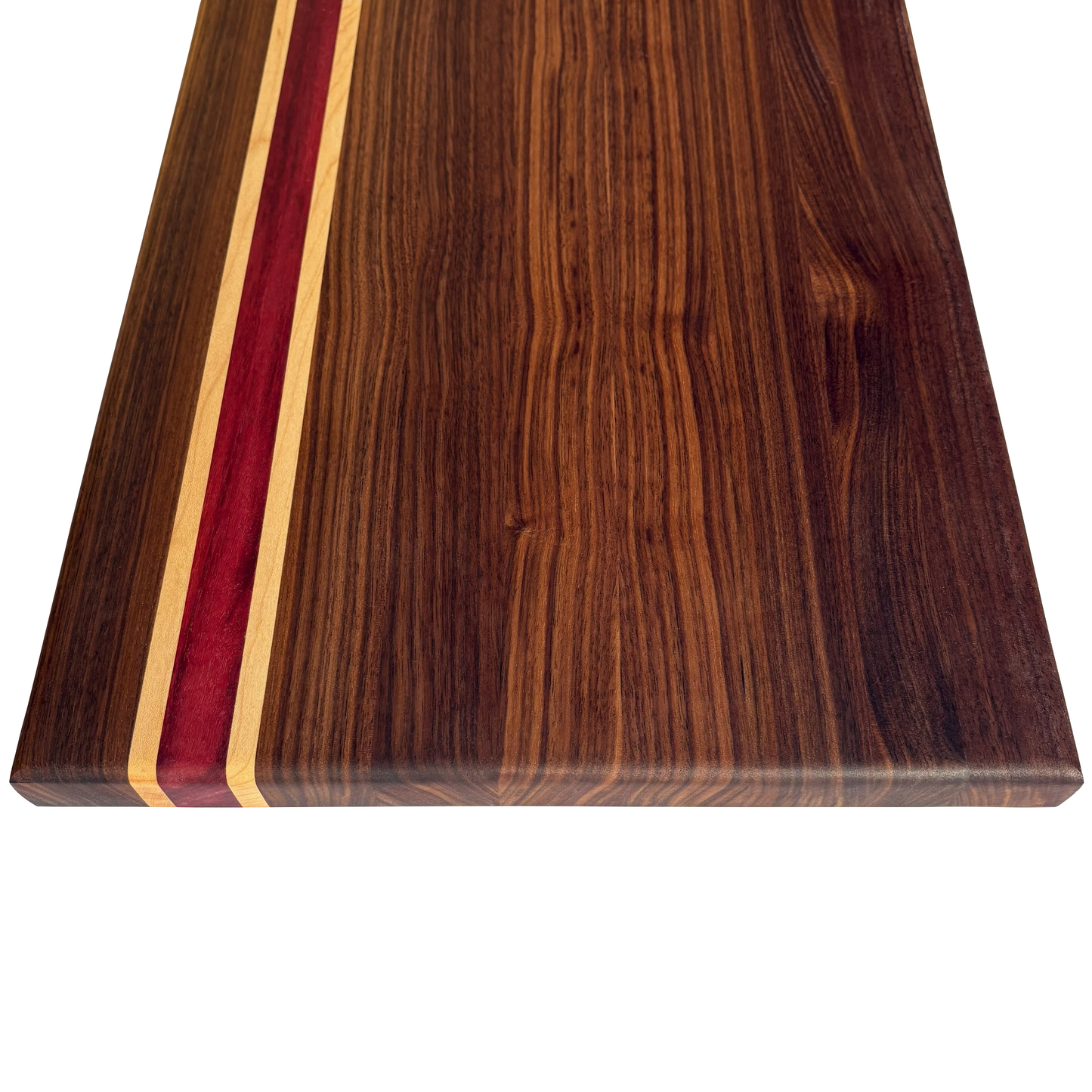 Walnut, Maple and Purpleheart Edge Grain Cutting Board – Handmade Hardwood Chopping Board