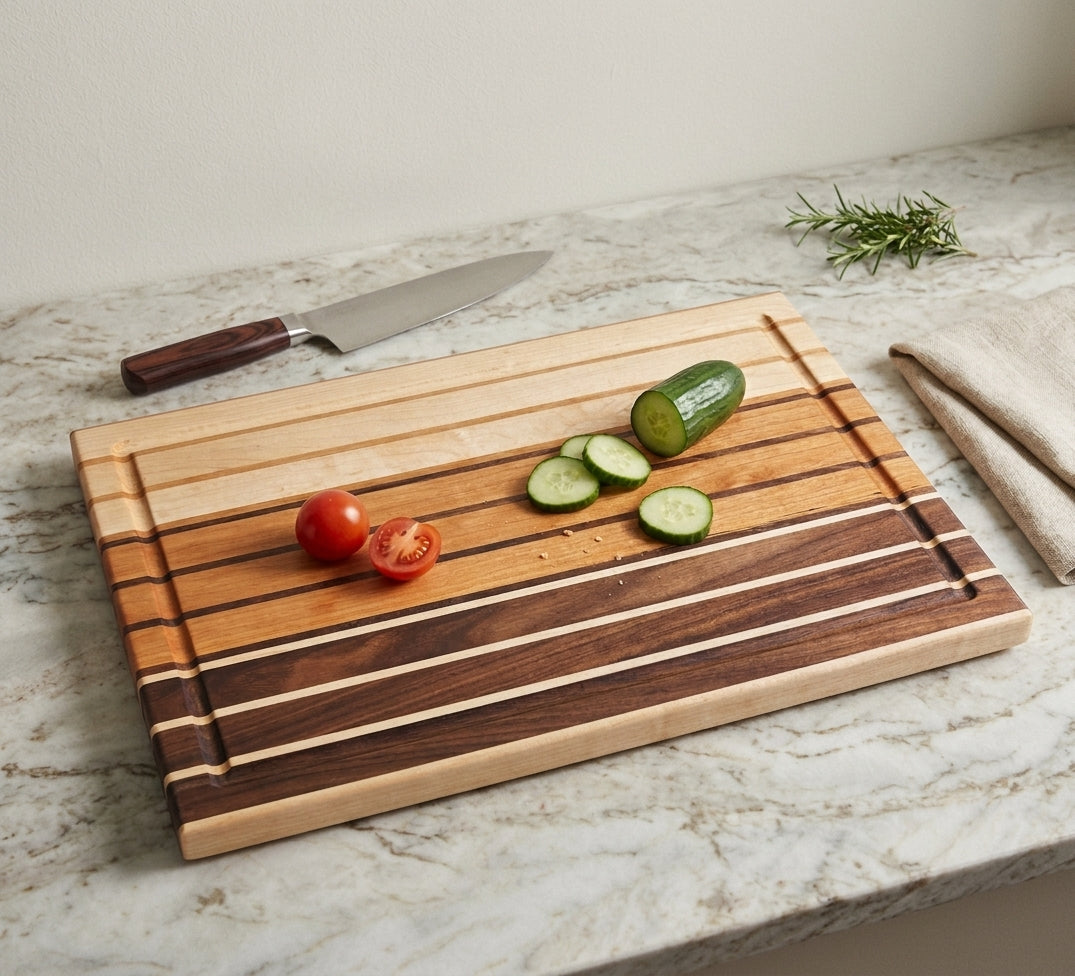 Walnut, Cherry and Maple Stripped Edge Grain Cutting Board – Handmade Hardwood