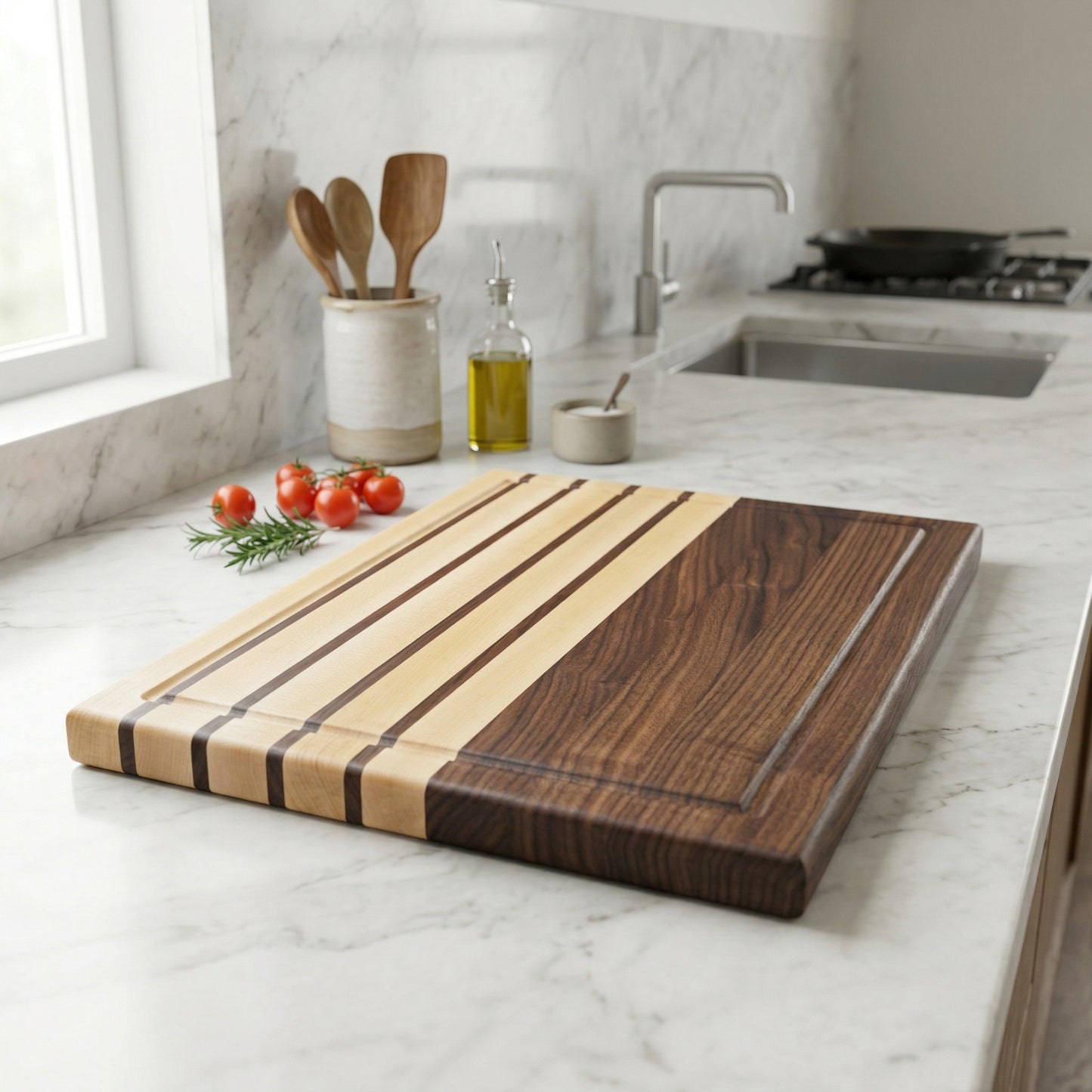 Walnut Maple Stripped Edge Grain Cutting Board - Handmade Hardwood