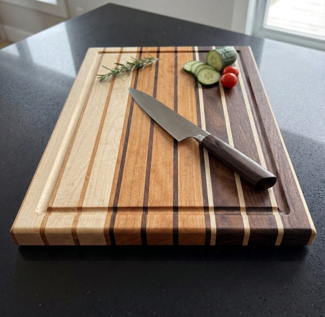 Walnut, Cherry and Maple Stripped Edge Grain Cutting Board – Handmade Hardwood