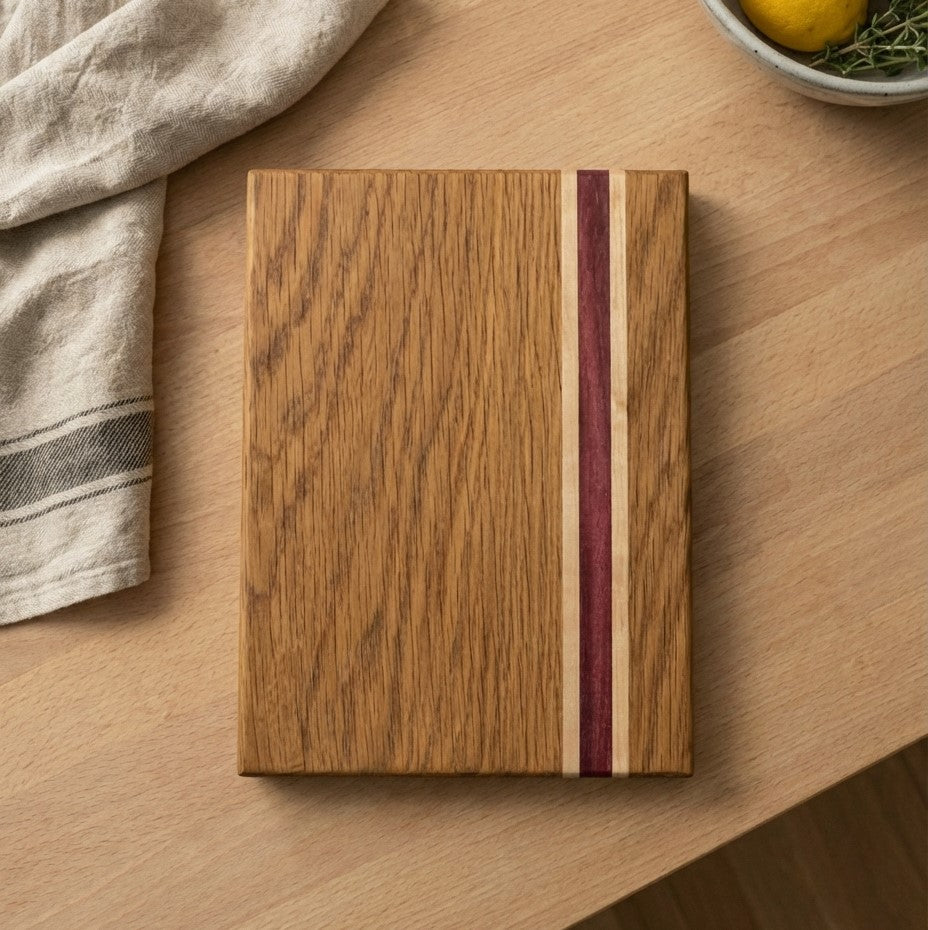 White oak, maple and purple heart edge grain board