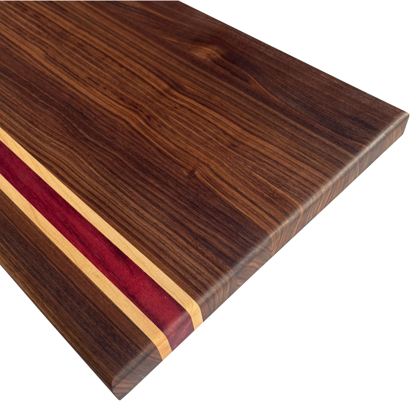 Walnut, Maple and Purpleheart Edge Grain Cutting Board – Handmade Hardwood Chopping Board