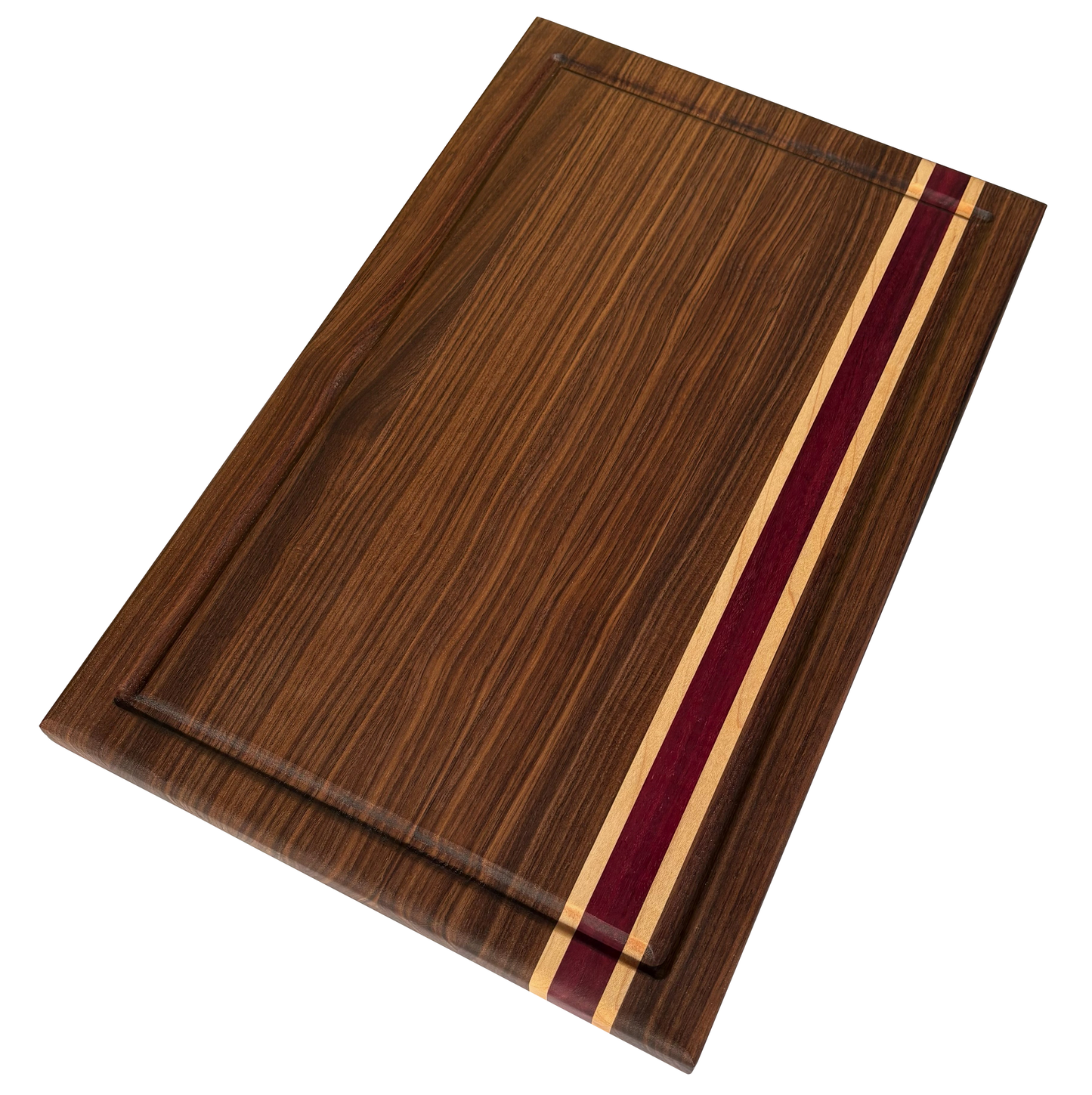 Walnut, Maple and Purpleheart Edge Grain Cutting Board – Handmade Hardwood Chopping Board