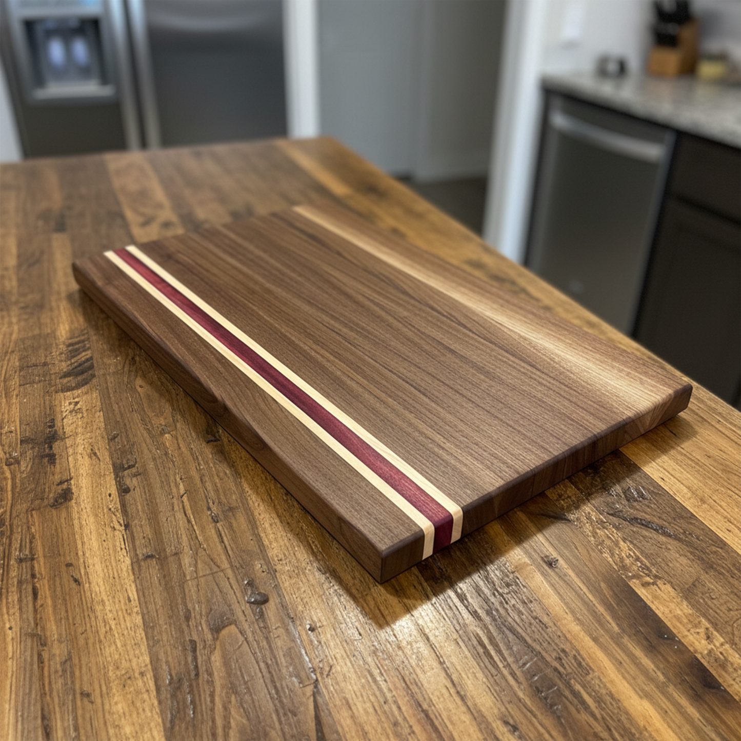 Walnut, Maple & Purpleheart Edge Grain Cutting Board – Handmade Wooden Chopping Board
